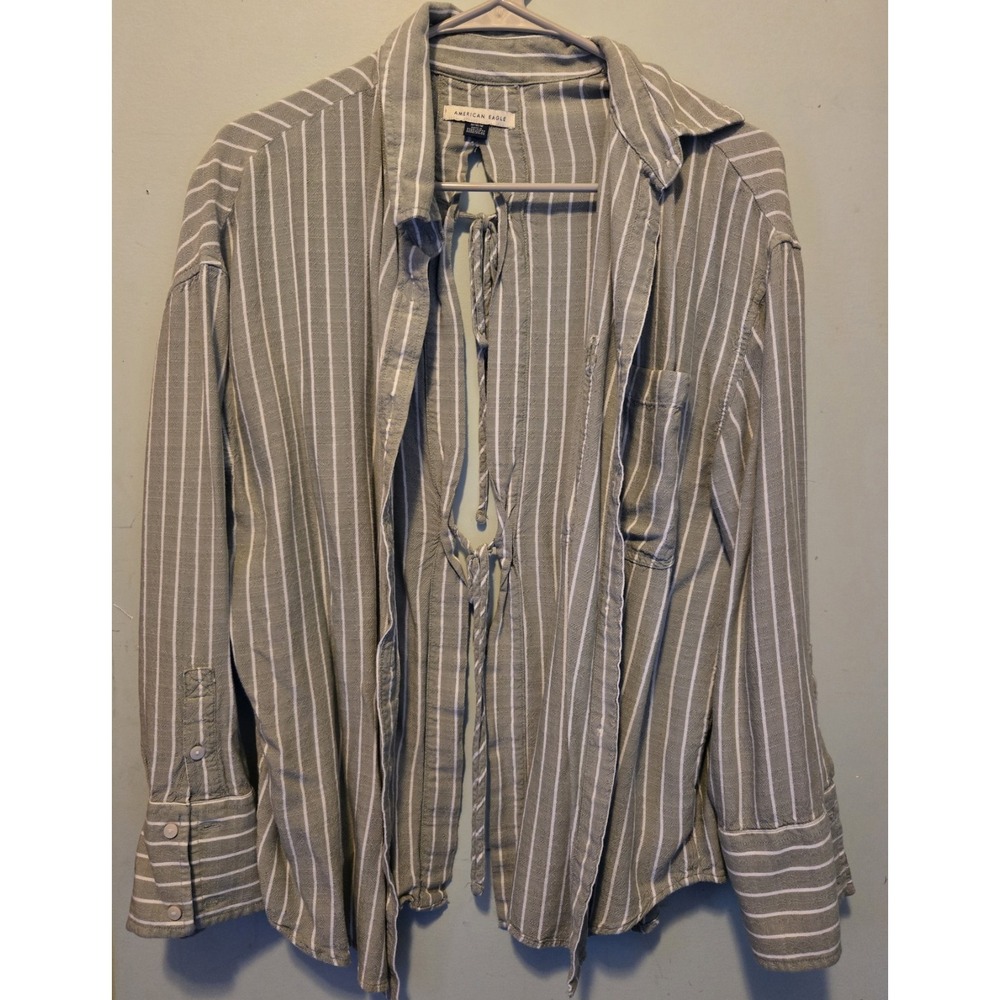AE Long Sleeve Tie Back Buttonn Up Shirt Medium Striped Cotton Oversized Relaxed - Picture 9 of 9